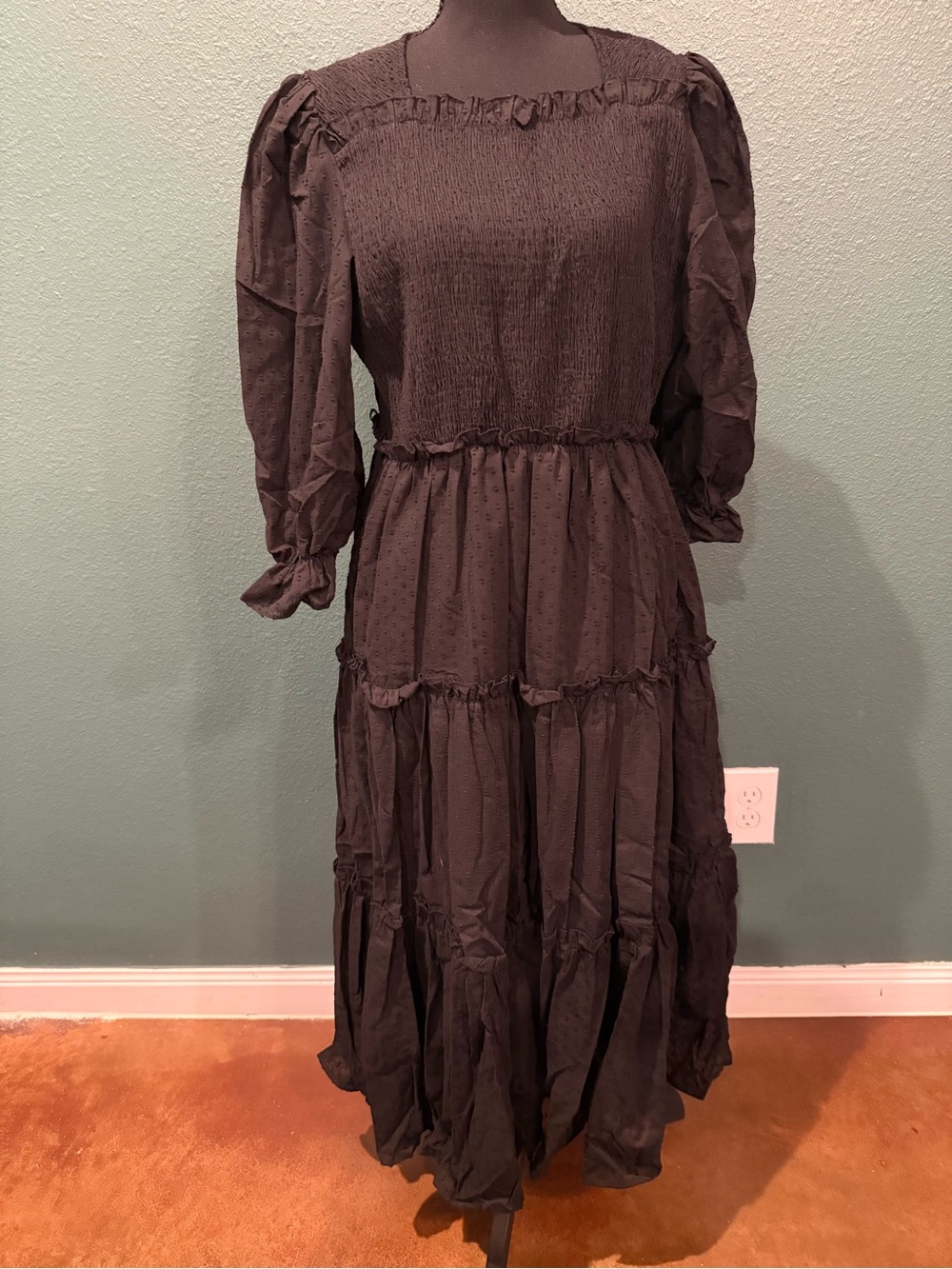 Smocked Tiered Midi Dress with Ruffle Details - Black